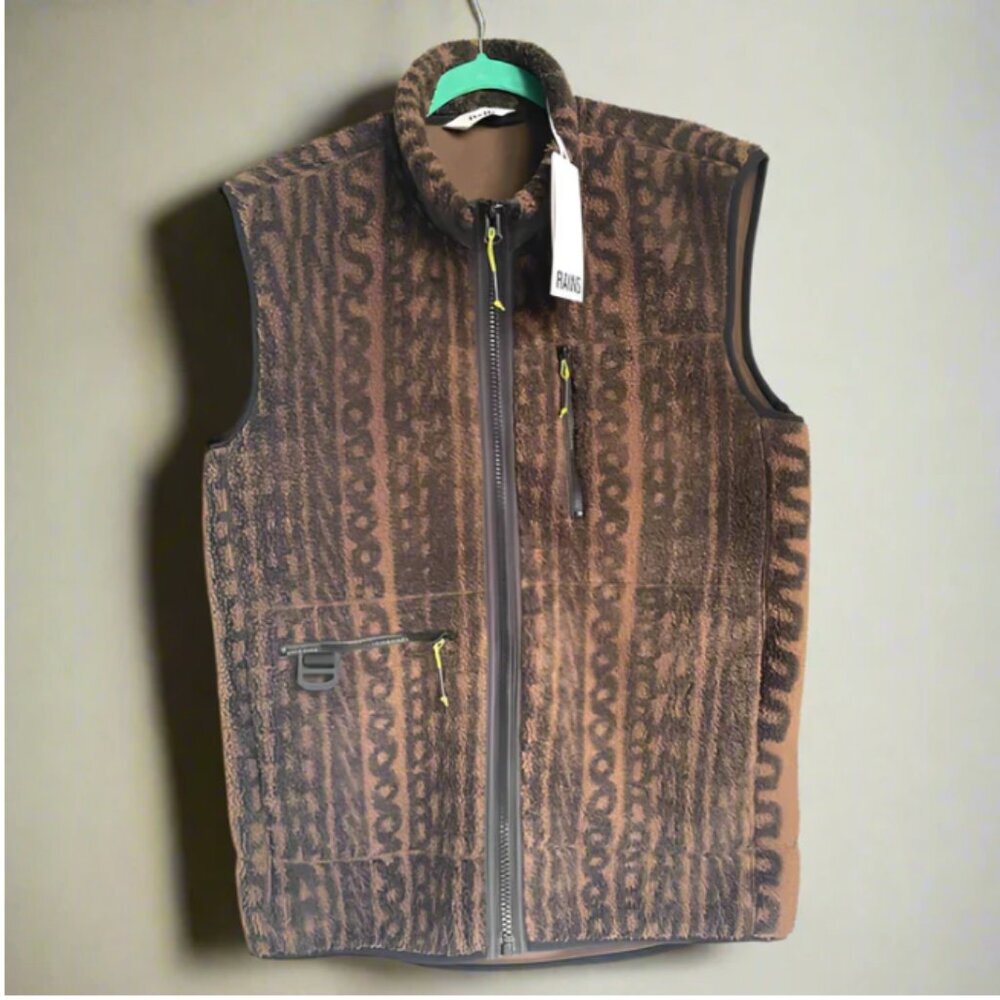 Rains Fleece Vest Mens Medium Brown Winter Warm Full Zip Heavy Monogram